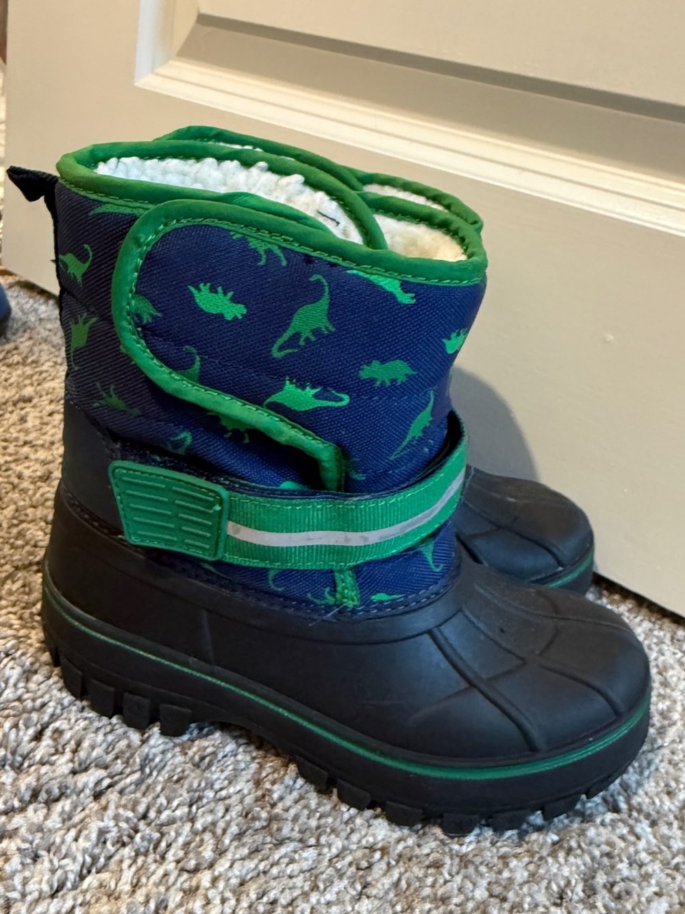 Kids Navy and Green Dinosaur Snow Boots with Insulated Lining